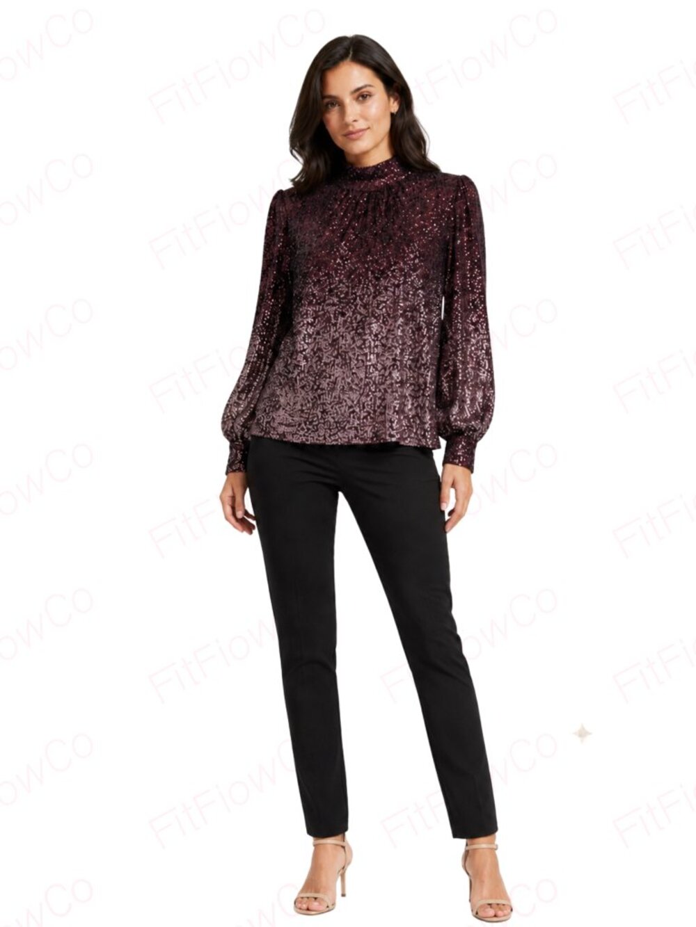 Cable & Gauge Burgundy Ombré Sequin Mock Neck Blouse M Puff Sleeve NWT